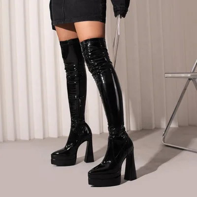 Great Quality Mirror Leather Boots High Heel for Women 4.5 cm Platform Pointed Toe Half-side Zip Over Knee High Boots Dress Shoe