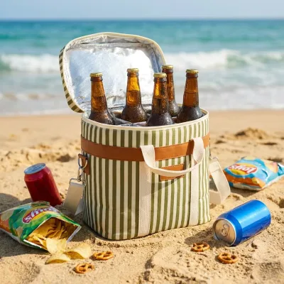 Wholesale Stripe Canvas Wine Beer Cooler Bag Belt Handle Aluminum Foil 6 Bottles for Beach Picnic