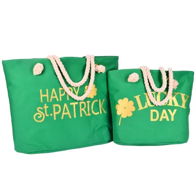 Fashion Reusable Lucky Clover Canvas Beach Bag With Rope Handle