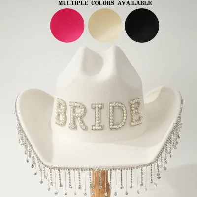 Women's BRIDE Wedding Hat Rhinestone Tassel Fashion Accessory Casual Cowgirl Hat