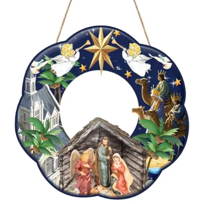 Artificial Traditional Wooden Christmas Front Door Wreath Sign with Nativity Scene Wall Hanging Xmas Tree Pendant Home Decor