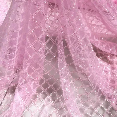 DELACE pink Diamond Check Hollow Out Glitter Mesh Fabric Exquisite Lace for Bridal Weddingdress