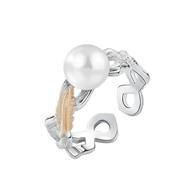 925 Sterling Silver Retro Opening Pearl Ring Gold Plated Finish Unique Geometric Leaf Design for Women Luxury Fashion