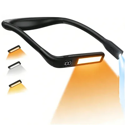 Rechargeable Neck Reading Light with Battery Display 3 Color Eye-Caring Amber Light Stepless Dimming for Reading Knitting Work