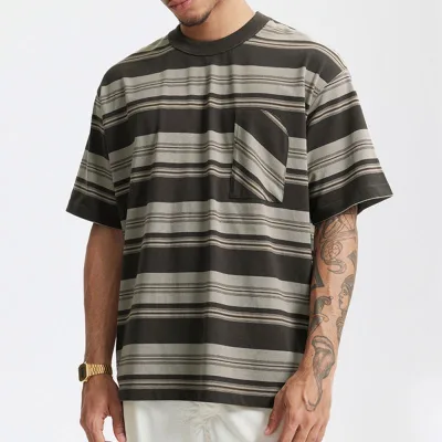 Summer New Pure Cotton Striped Short Sleeved T-Shirt for Men Loose Oversized Casual Breathable Vintage