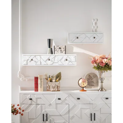 Nordic Floating Rectangle Shaped White Wooden Living Room Wall Hanging Shelves With Drawers Book Shelf Organizer