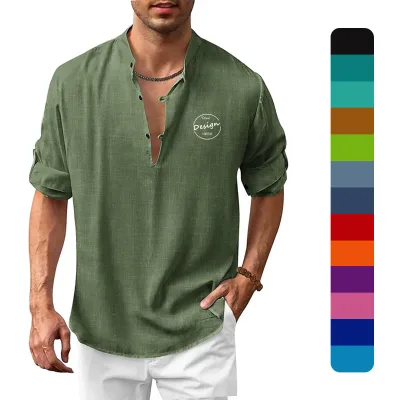 Custom Logo Autumn Causal Style Roll up Sleeve Band Collar Curved Hem Short Sleeve Regular Fit Shirt Henley Shirt for Men