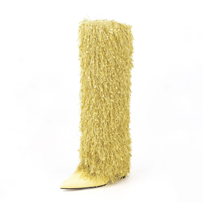 Suede Low Price High Heeled Boots Pointed Toe Knee High Boots Women and Ladies Tassel Boots
