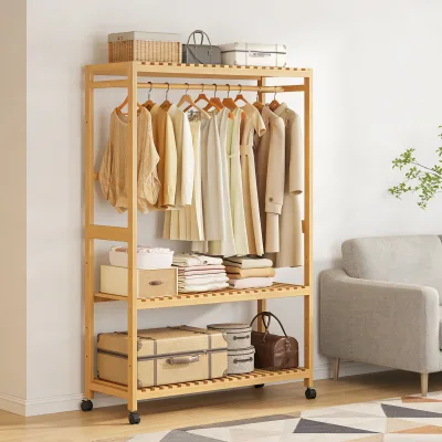 Bamboo Garment Rack Rolling Clothes Hanging Rail Storage Shelf Wardrobe Organizer Clothing Display Stand for Home Space Saving