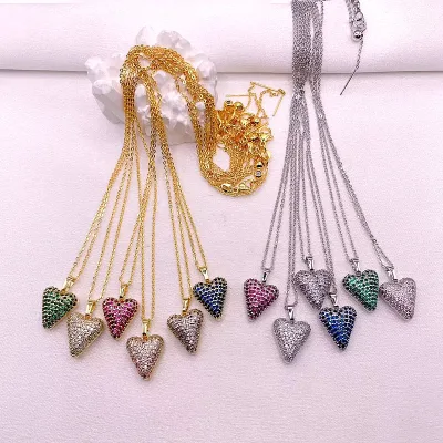 CH-LHN1740 Pretty Color CZ Heart Charm Tennis Necklace CZ Square Charm Necklace Wholesale Gold Plated CZ Women Chain Necklace