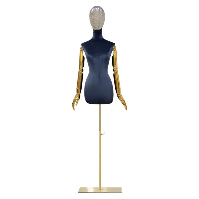 DE-LIANG High-end Fiberglass Half-Body Bust Female Mannequin Electroplated Diamond Head Detachable Arms Metal Base for Boutique