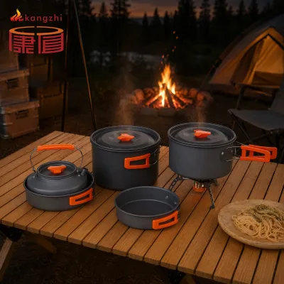 5-Piece Portable Aluminum Alloy Camping Cookware Set Hard Anodized Non-Stick Folding Pot Pan for Family Travel All Seasons