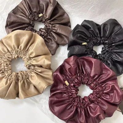Women Fancy Headwear Plain Color Large Ruffle Leather Hair Scrunchies for Thick Hair