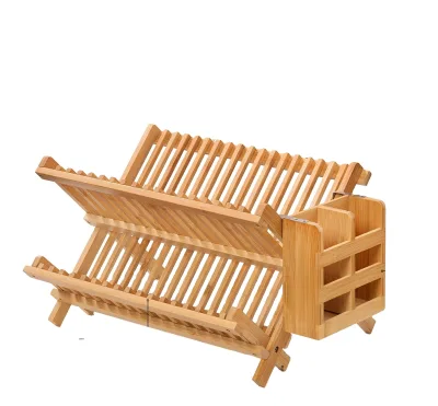 Bamboo Kitchen Drying Rack 2 Tier Foldable Tableware Dish Kitchen Drying Rack