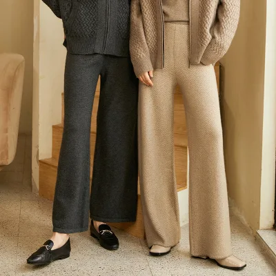 Cashmere Lady Knit Suit Cashmere Pants Cashmere Herribone Wide-leg Pants