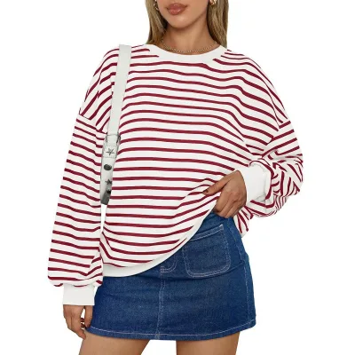 2025 Autumn and Winter New Striped Long-Sleeved Round Neck Oversized Sweatshirt Y2K Hoodie Custom Women Hoodies