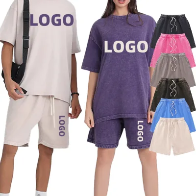 Custom Logo 100% Cotton Breathable Casual Men's Summer Set Vintage T Shirt Knitted French Terry Shorts Straight Leg Drawstring