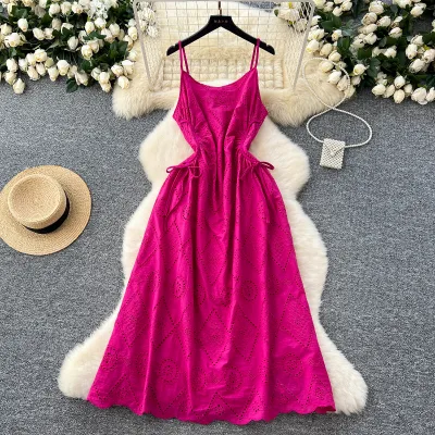 Design Sense Lace-Up Halter Dress Women'S Holiday Style Hollow Embroidery Long Dress for Beach