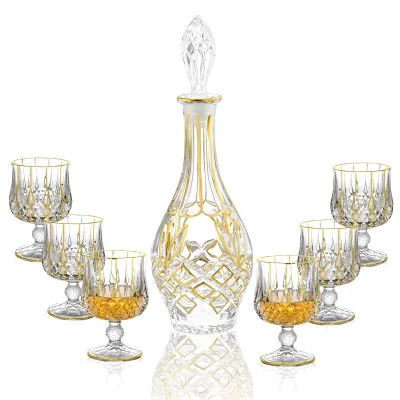 N7 7-Piece Gold Rimmed Diamond Cut Glass Decanter Set - Teardrop Crystal Whiskey Carafe with 6 Stemmed Glasses