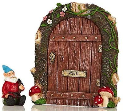 Tree Line Fairy Garden Door with Attached Mushroom and Gnome for Your Magical Miniature Collection, Patio, Yard, Lawn, Outdoor