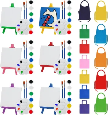 24 Easel Painting Set Mini Acrylic Paint Kit ,Canvas Panels Wooden Easels Paint Strips Brushes Palettes Aprons & Carrying Bags
