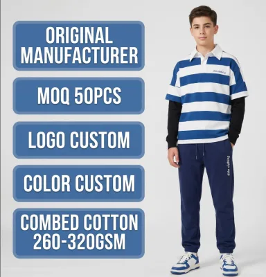 Custom Blue White Stripe 300GSM Combed Cotton Double Layer Long Sleeve Polo Jogger Set Mens Dida for Casual Sport Street