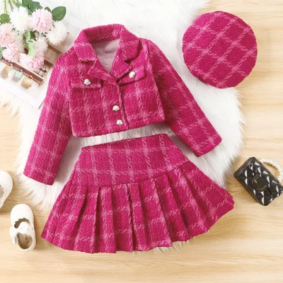 Girls' Spring and Autumn Two-Piece Set Checkered Suit Jacket & Pleated Skirt With Long Sleeves for Wholesaling