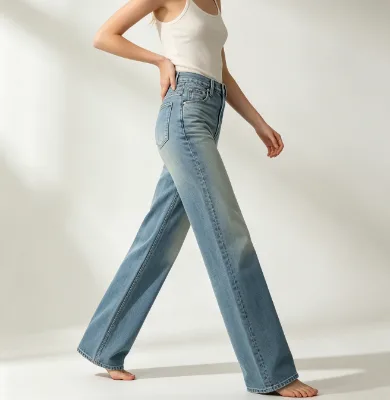 Women Light Blue Washed High Waist Straight Leg Jeans, Side Slit Ripped Distressed Loose Wide Leg Denim Pants