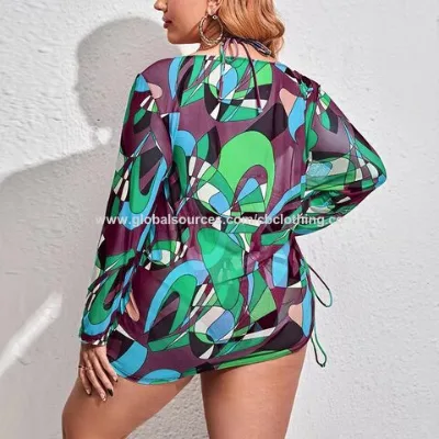 Women's printed plus size swimsuit with high waist triangle bikini set