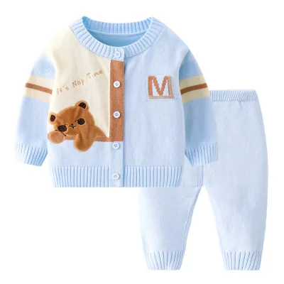 Autumn Boys Long Sleeve Sweater Set Girls Knitted Two-piece Set Embroidered Cardigan Outerwear Top and Pants