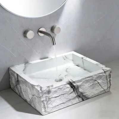 Handmade Marble Pattern European Design Artificial Stone Rectangular Vessel Basin for Bathroom