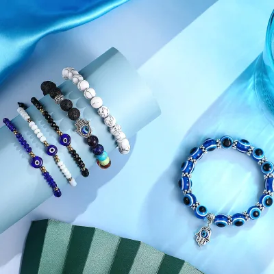 Fashion Evil Eye Beaded Pendant Bracelet Blue Eyeball Hamza Stretch Hamsa Lucky Charm Bracelet