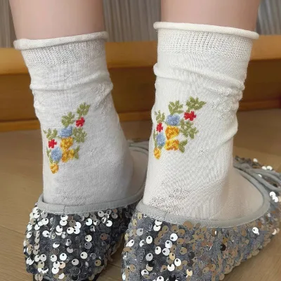 Elegant French Style Loose Cuff Summer Socks Jacquard Flower Cotton Socks Pretty Floral Soft Casual Socks for Women