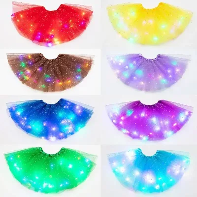 LED Glowing Sequined Casual Women Tulle Star Skirt Short Tutu Mini Skirt Adult Ballet Dancewear Glowing Wedding Party Props