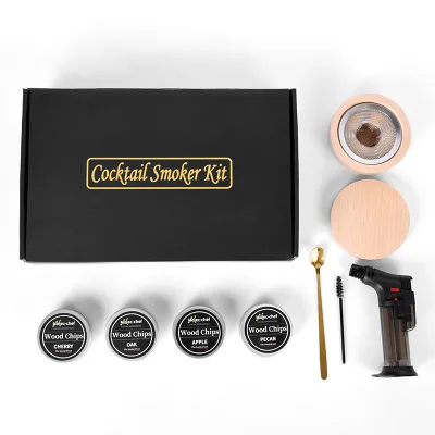 Sustainable 6-Flavor Wood Chip & Hand-Powered Cocktail Smoker Kit Butane Torch Whiskey Bar Tool Set for Home Use and Weddings
