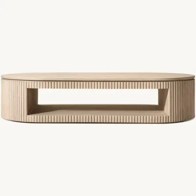 Wabi-sabi Style Vertical-grain Oval Coffee Table with Natural Wood Finish and Storage Shelf