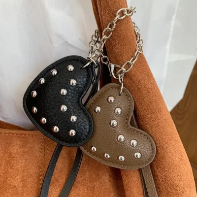 Long Chain Leather Heart Studded Bag Strap Decoration Keychain Pendant with Lobster Clasp Fashion Accessory