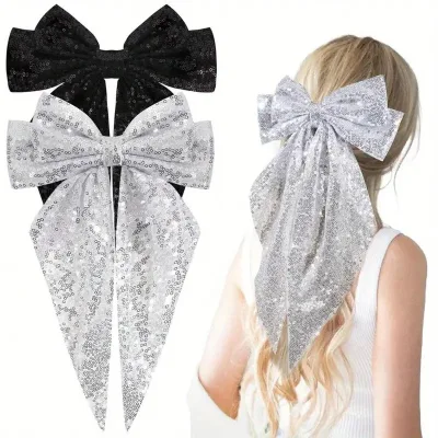 Europe and the United States Fabric Sequin Bow Spring Clip Mesh Ribbon Elegant Christmas New Year Party Hair Clip Set