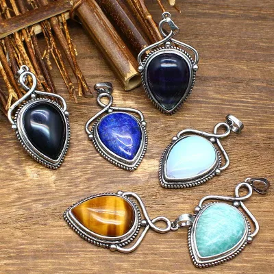 Mixed 9 Colors Wholesale Fashion Vintage Style Handmade Natural Stone Pendant Silver Charms for Necklace Jewelry