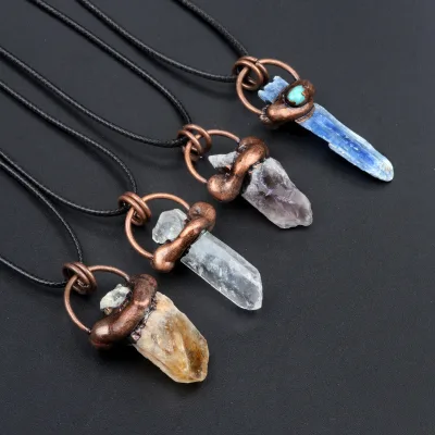 DIY Irregular Copper Wire Wrapped Antique Brass Rough Crystal Pendant
