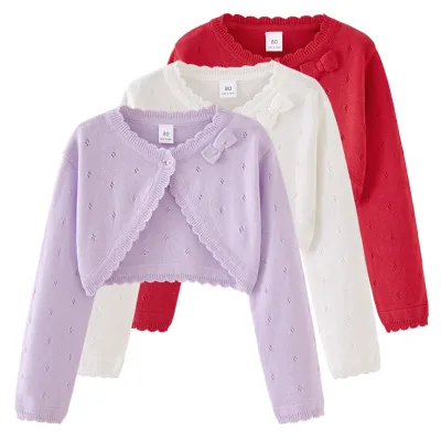 Autumn Girls' Lightweight Summer Cardigan Kids' Pure Cotton Casual Turtleneck Bow Tie Sweater Jacket Air-Conditioned Knitted