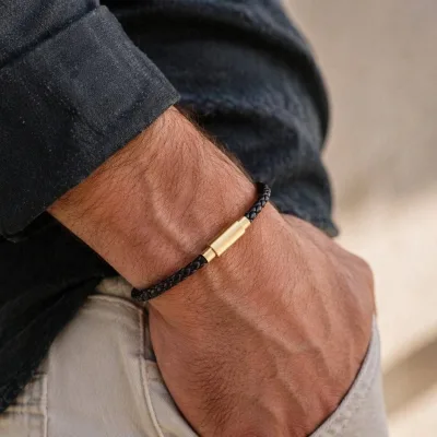 Men's Braided Genuine Leather Bracelet Gold Stainless Steel Clasp Fashion Jewelry Wholesale Bracelet