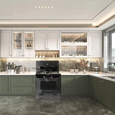 Contemporary L-Shape Melamine Kitchen Cabinets Modern Wood Wall-Mount Design for Modern Kitchen Spaces