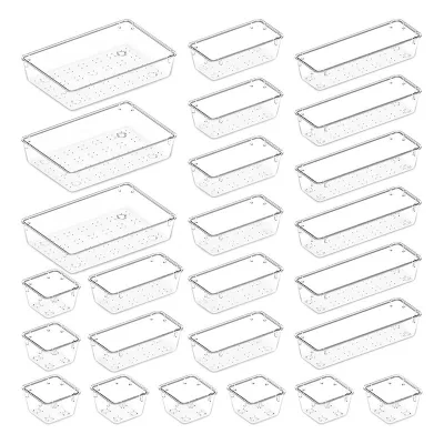 25 Pcs Transparent Clear Plastic Storage Tray Bins Makeup Jewelries Kitchen Utensils Drawer Organizers