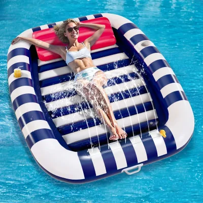 PVC Inflatable Pool Lounger Float 80*66 Inch Blue Green Color Sun Bathing Floating Bed Spray Water Mat Beach Backyard Lake Fun