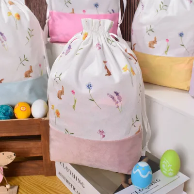 Factory Direct Sale Rabbit Printed Easter Gift Bag Candy Double Drawstring Pocket Party Decoration