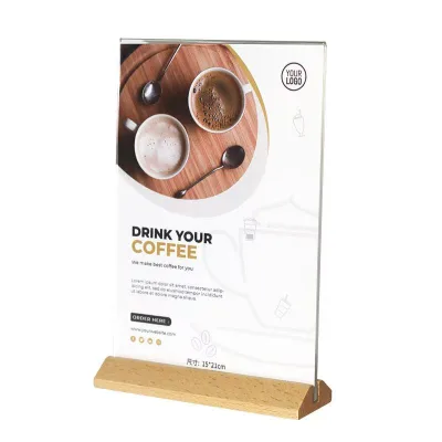 Decca Transparent Acrylic Display Table Sign Solid Beech Wood Base Vertical Design Advertising Table Place Cards Table Numbers