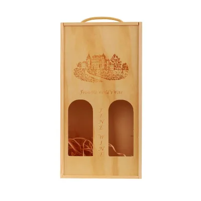 Wine Gift Box Wooden Double-bottle Box Portable Natural Wood Case with Twine Handle for Crafts Gifts