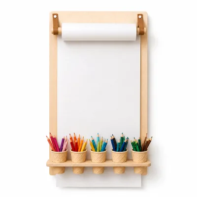 Wall-Mounted Kids Drawing Board Solid Wood Art Easel Wooden Drawing Board with Paper Roll and Pencil Storage