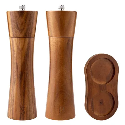 Kitchen Gift Manual Spice Mill Acacia Wood Black Pepper Pulverizer Adjustable Wooden Salt and Pepper Grinder Mill with Tray